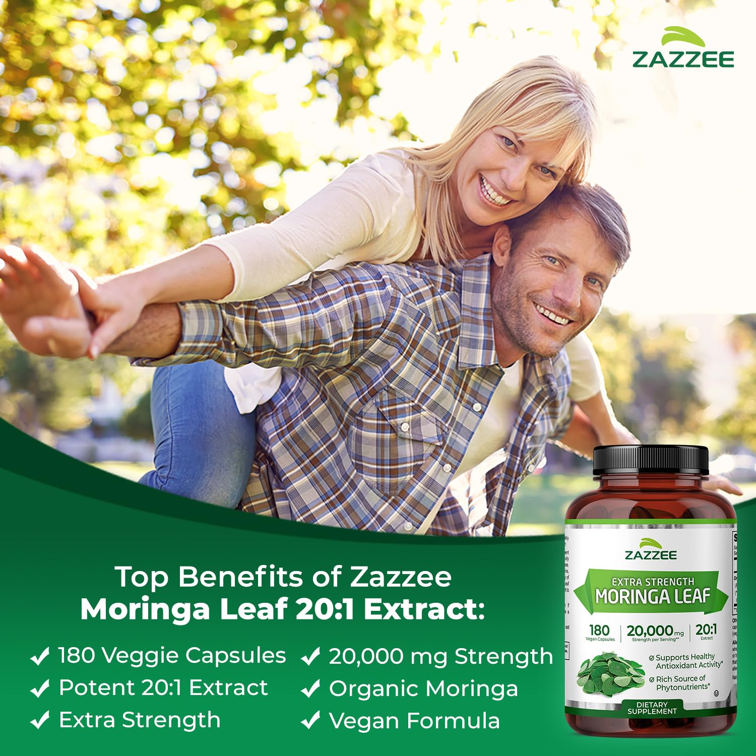 Front label of Zazzee moringa bottle highlights organic and 20:1 extract