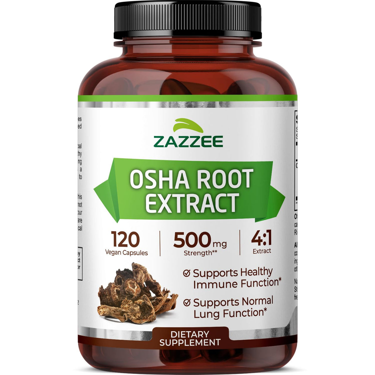Zazzee Osha Root 4:1 Extract bottle with 500 mg capsules for respiratory support