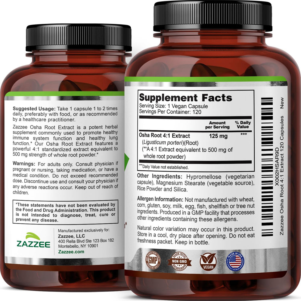 Zazzee Osha Root vegan capsules highlighting plant-based, non-GMO ingredients