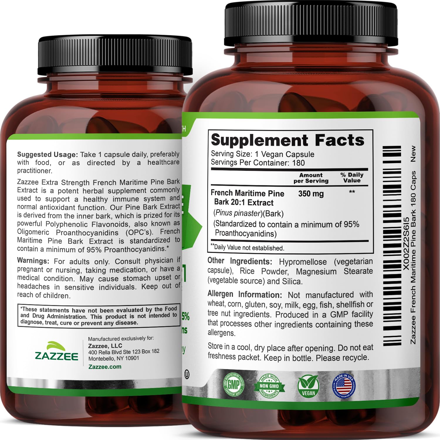 Zazzee Pine Bark Extract USA facility sign underscores quality control and safety.