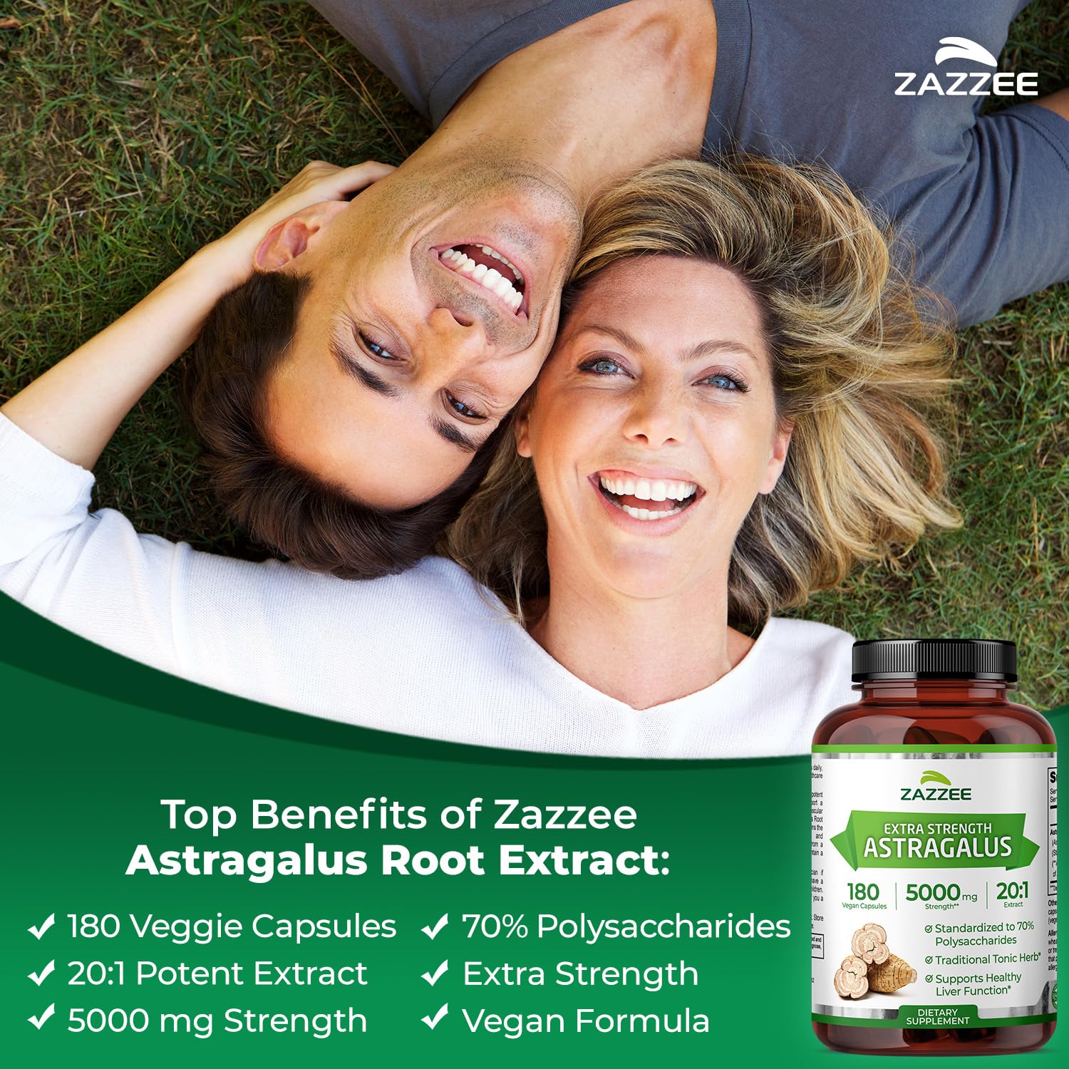Zazzee label highlights 70 percent polysaccharides for consistent potency.