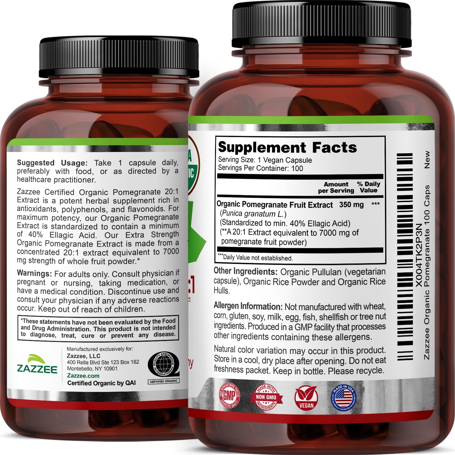 Pomegranate fruit beside capsules conveys natural, fruit-based supplementation.