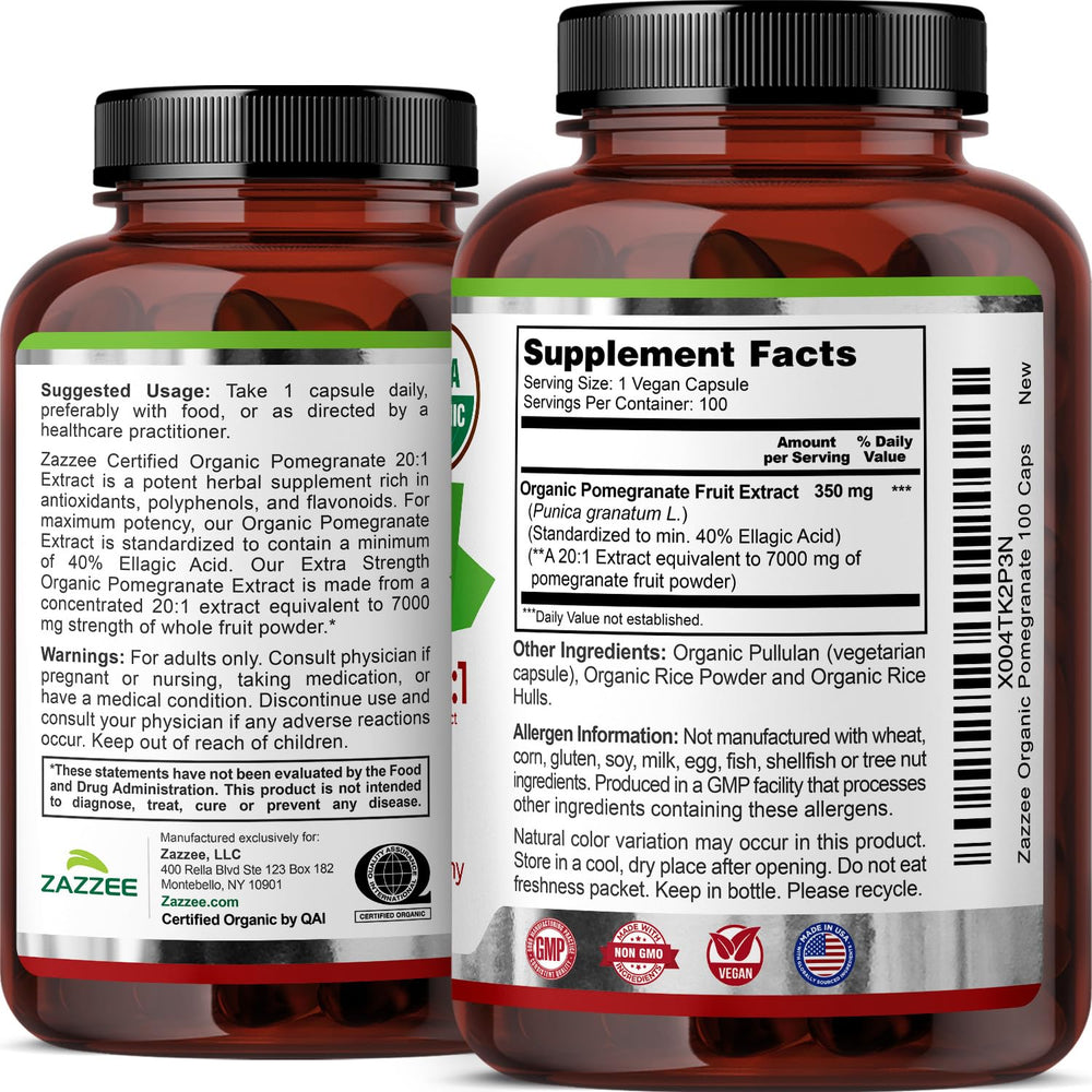 Pomegranate fruit beside capsules conveys natural, fruit-based supplementation.