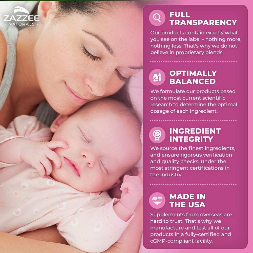 Ingredients list for Zazzee Pregnostol showing vegetarian and non-GMO formula.