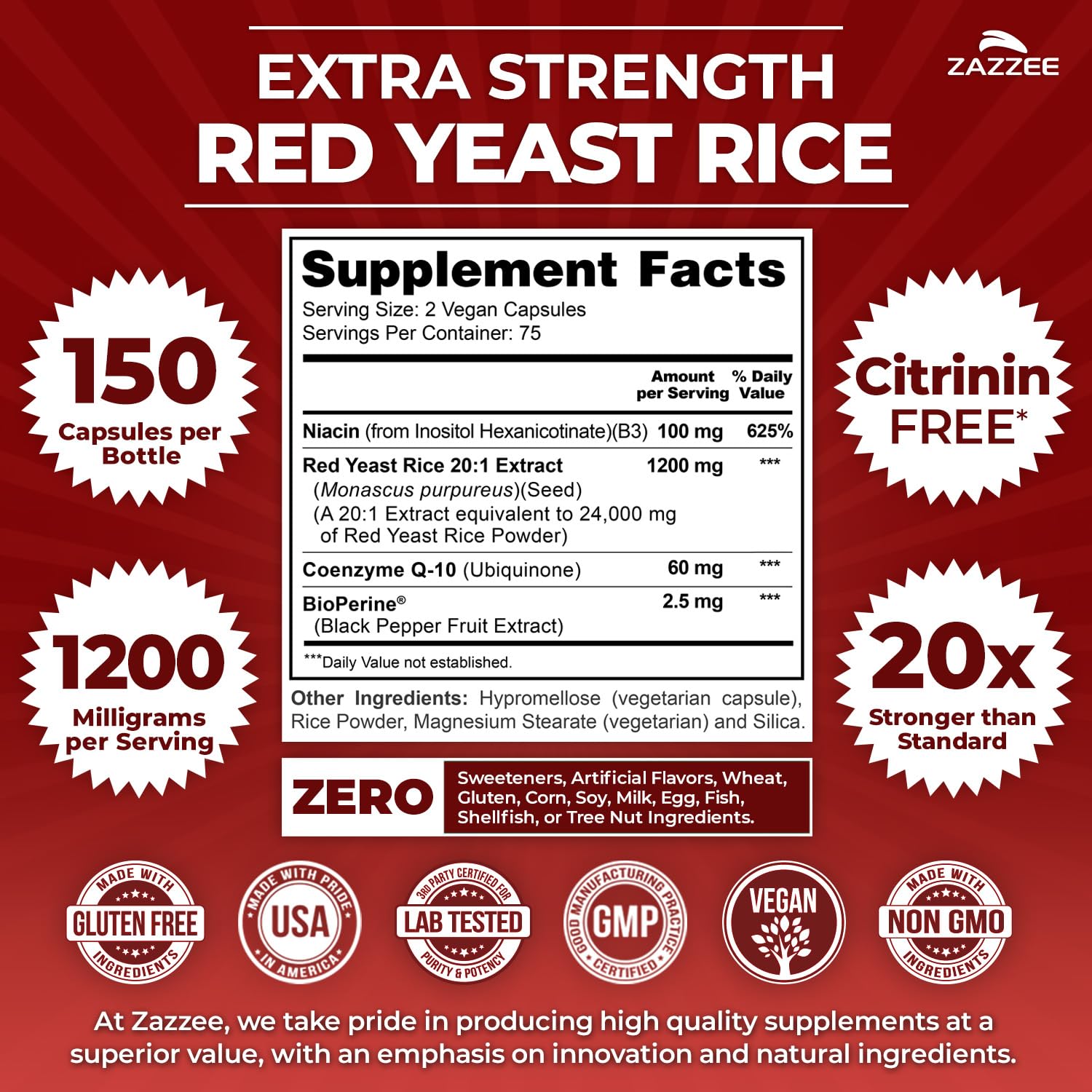 Zazzee red yeast rice CoQ10 capsules close-up for daily wellness.