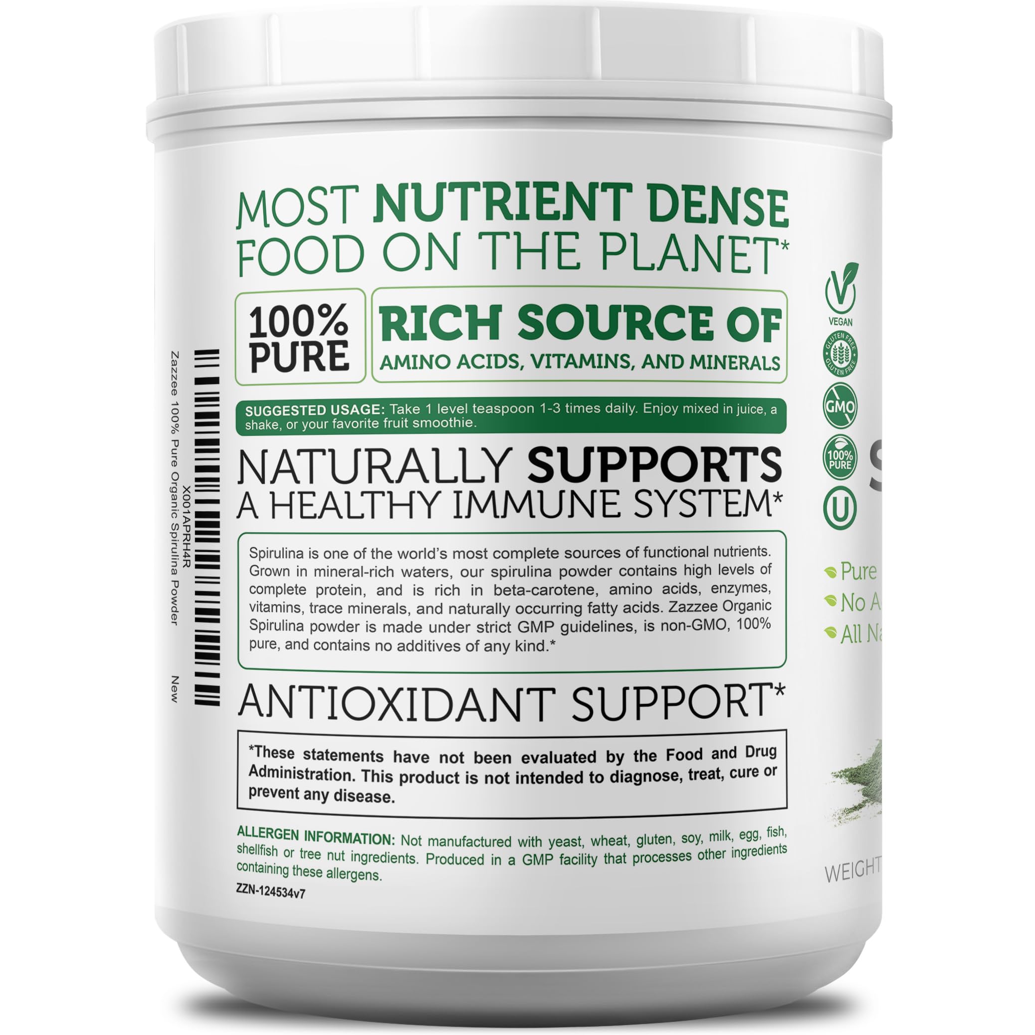 Zazzee Spirulina powder is gluten-free and non-GMO for versatile diets.