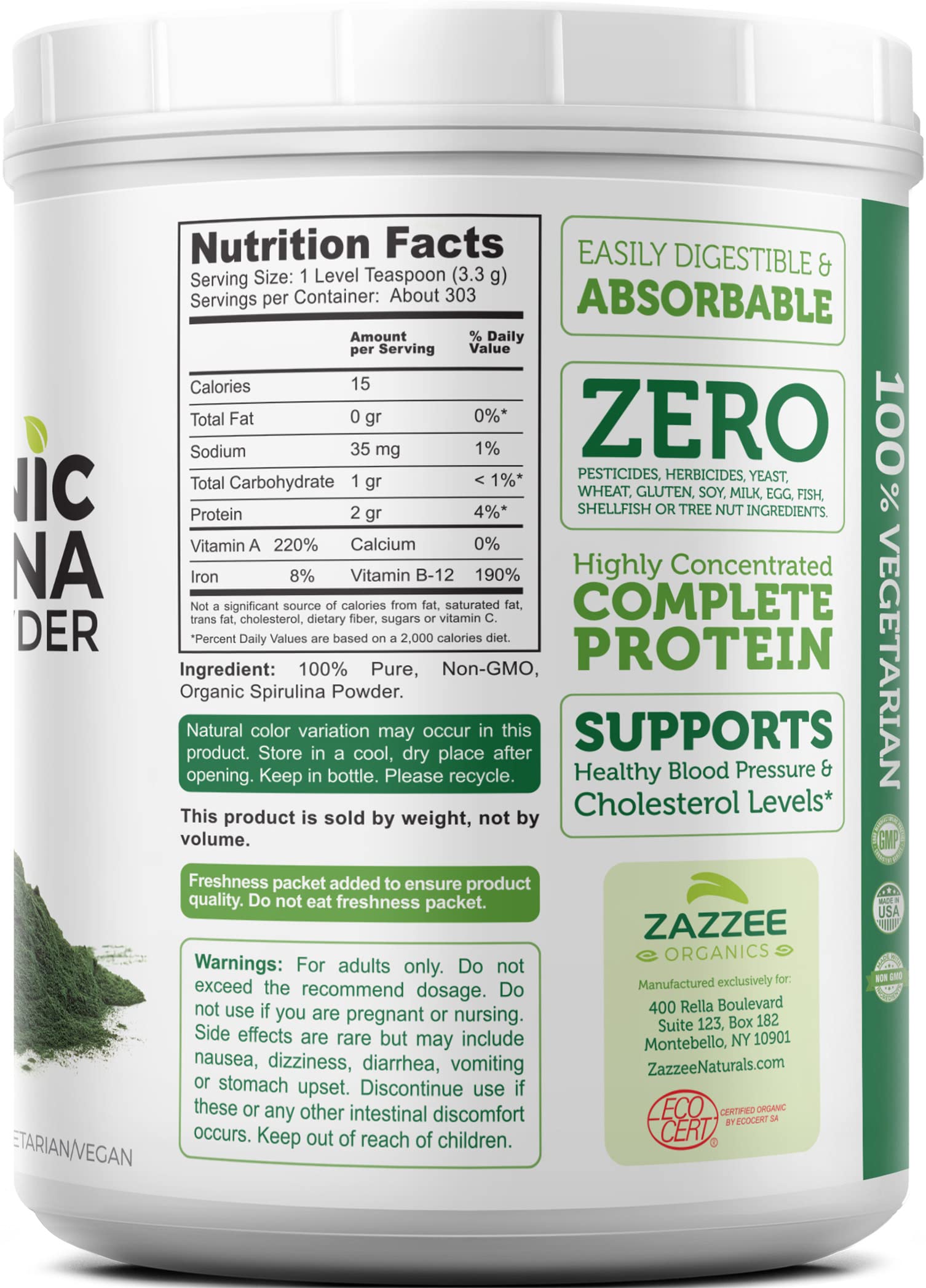 Zazzee Spirulina jar displays kosher certification for inclusive dietary use.