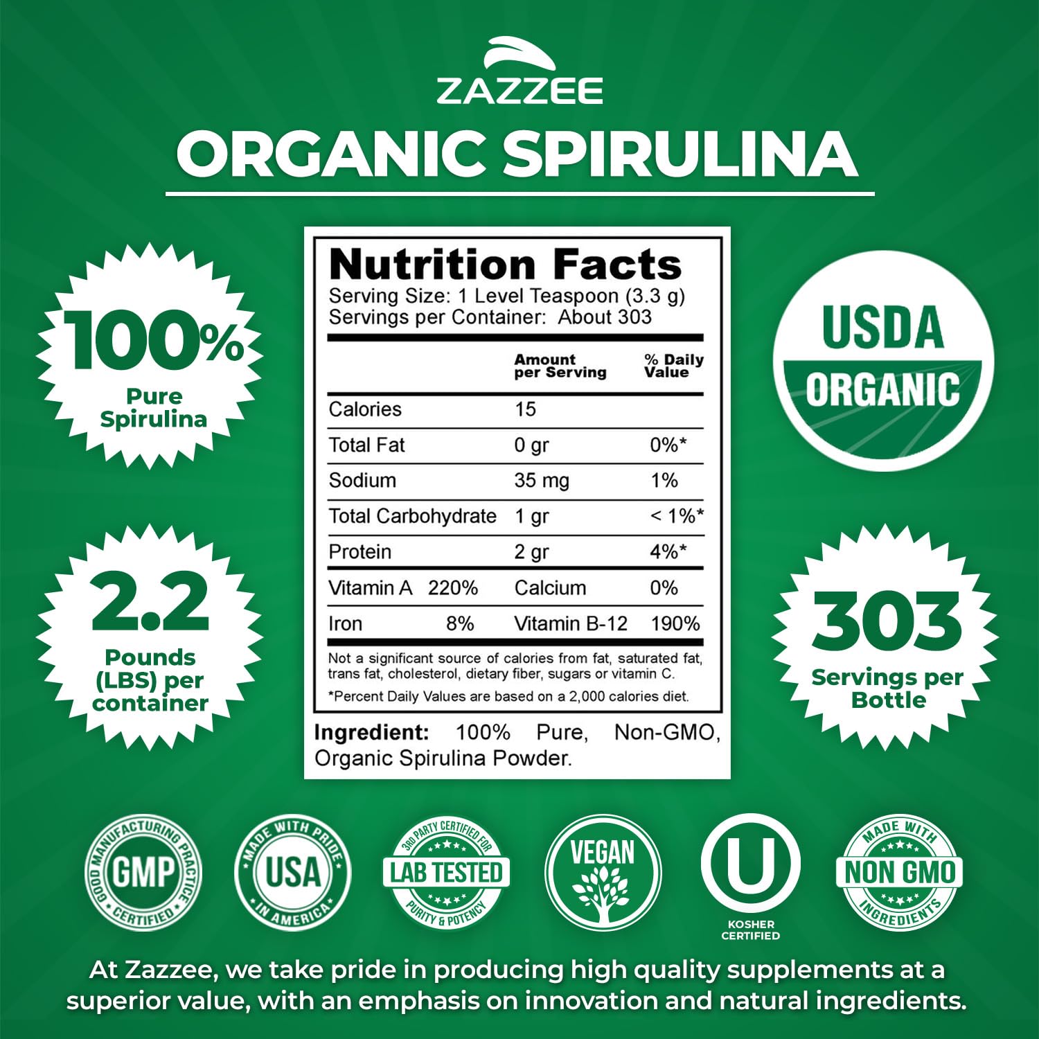 Zazzee Organic Spirulina jar with USDA Organic label for trusted ingredients.