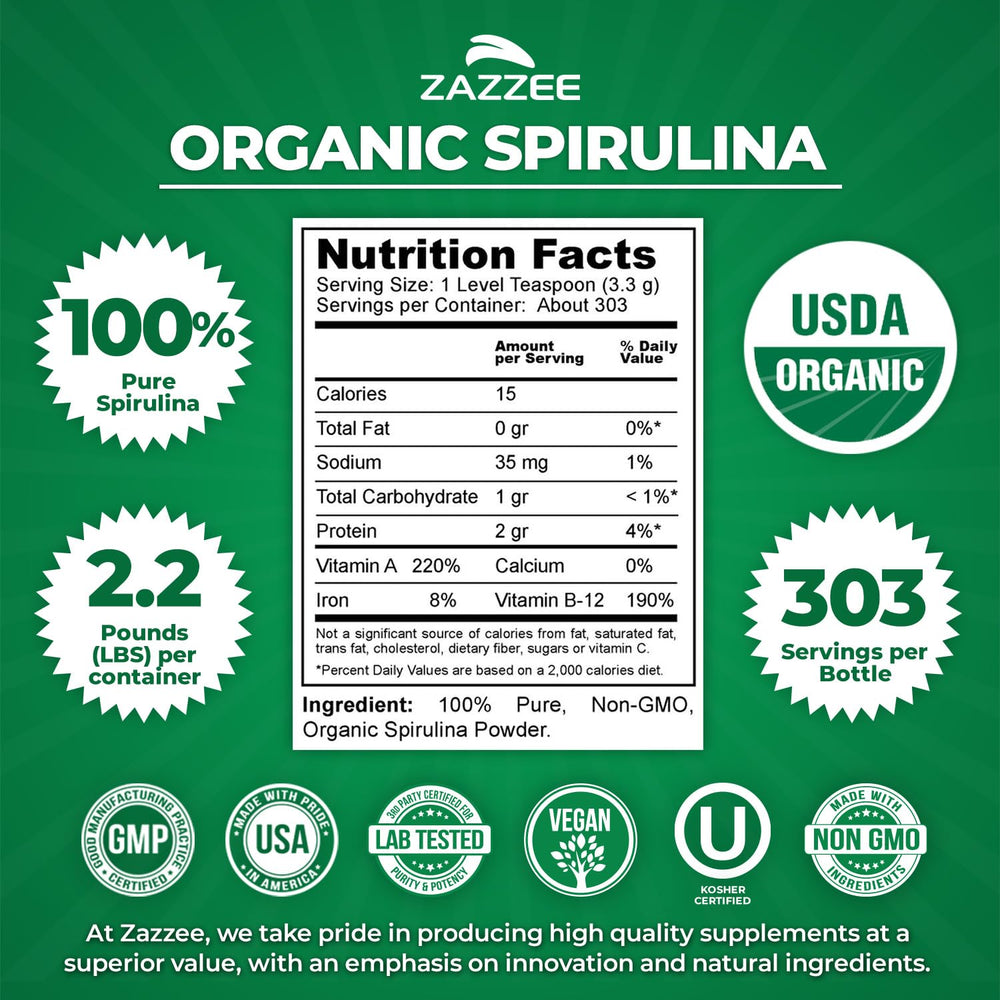 Zazzee Organic Spirulina jar with USDA Organic label for trusted ingredients.