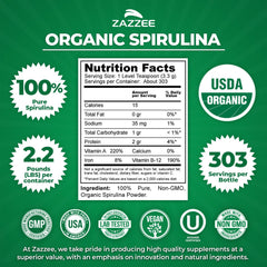 Zazzee Organic Spirulina jar with USDA Organic label for trusted ingredients.