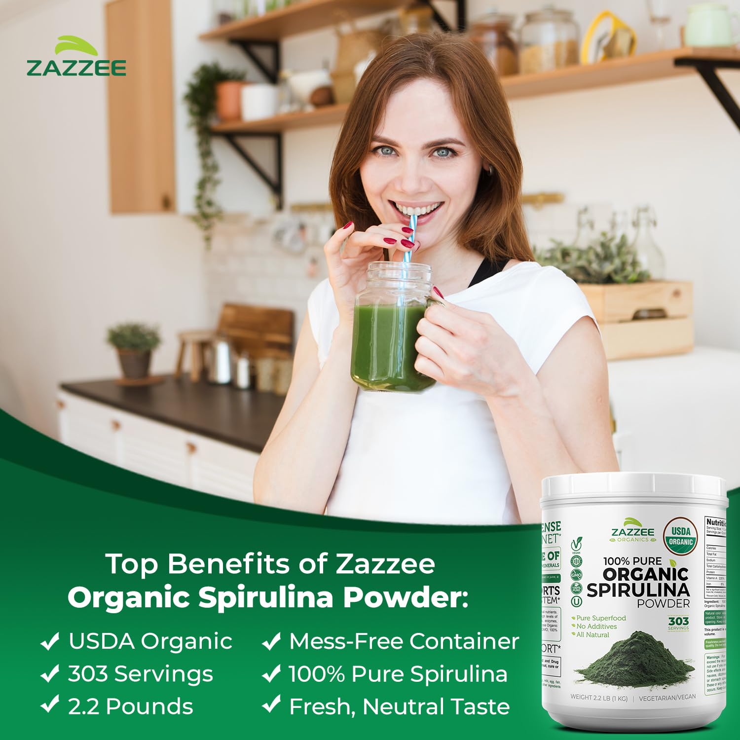 Zazzee Spirulina powder in wide-mouth container for mess-free scooping.
