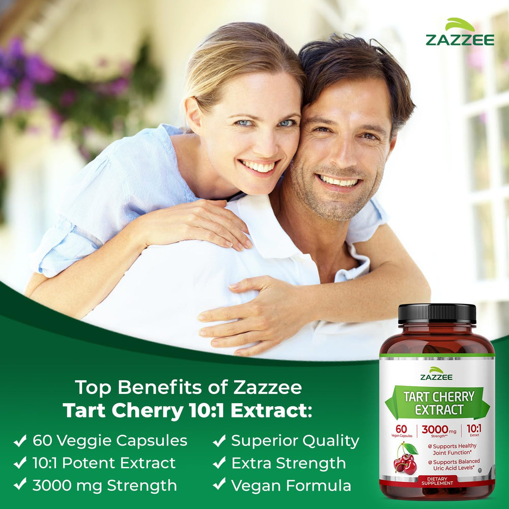 Capsules of Zazzee Tart Cherry 10:1 extract, 3000 mg strength per capsule