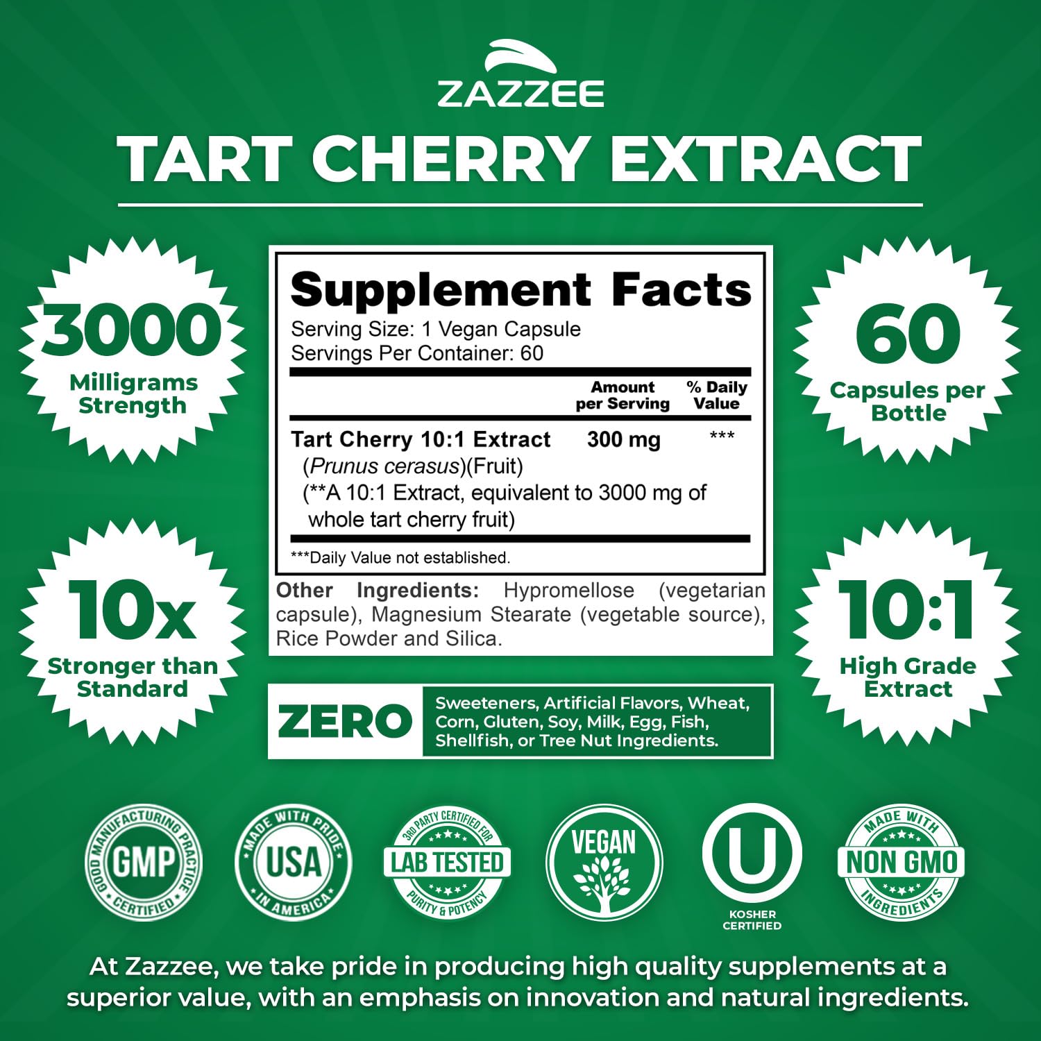 Label and seal on Zazzee Tart Cherry bottle with vegan, kosher marks