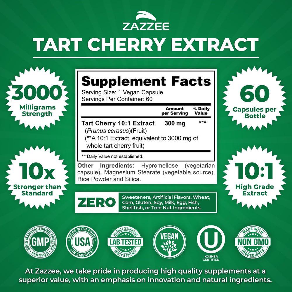 Label and seal on Zazzee Tart Cherry bottle with vegan, kosher marks