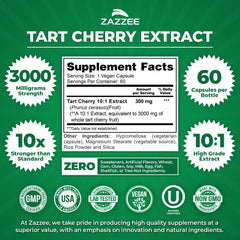 Label and seal on Zazzee Tart Cherry bottle with vegan, kosher marks