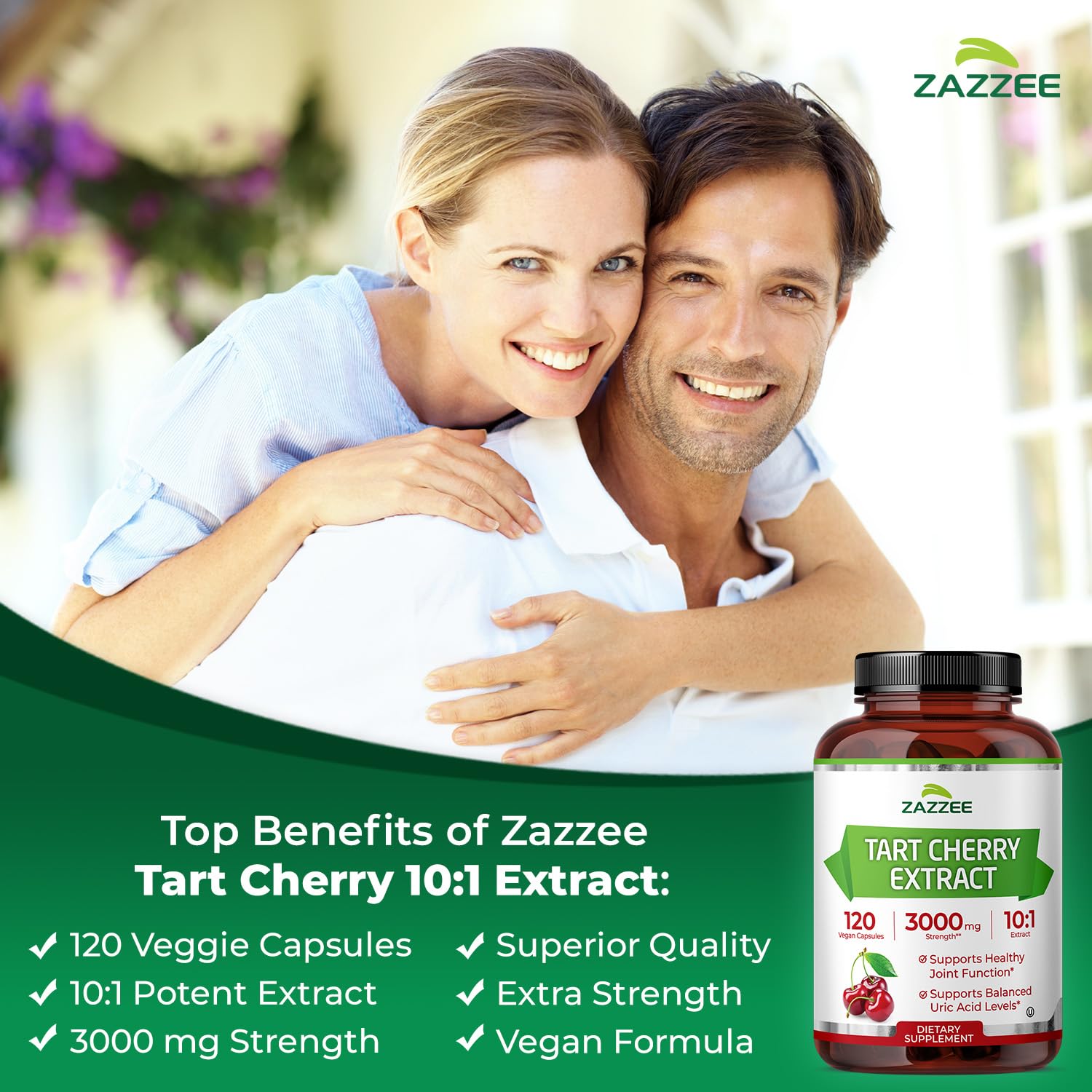 Zazzee Tart Cherry label highlights potent 10x concentrate for strength.