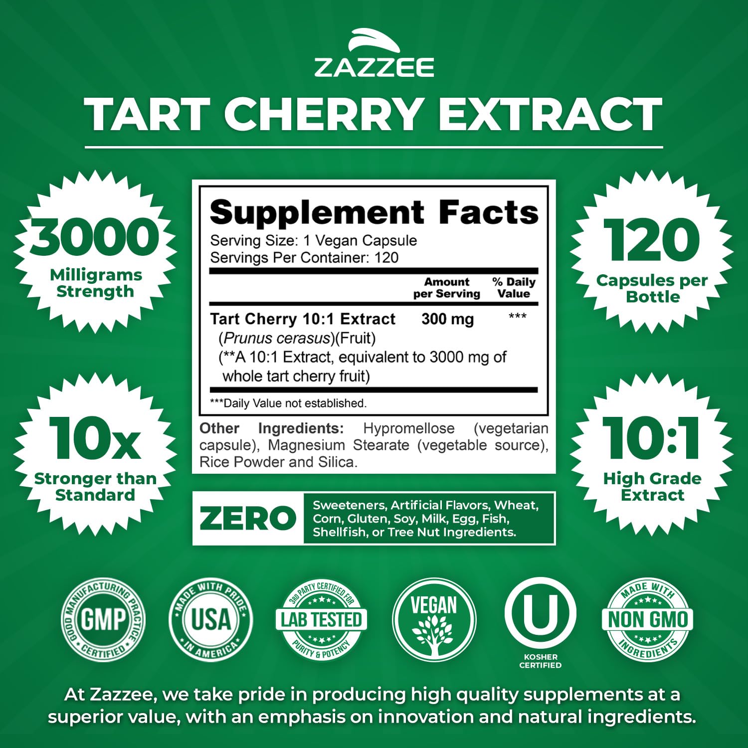 Close-up of Zazzee Tart Cherry capsules, vegan and kosher certified.