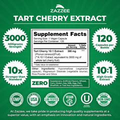 Close-up of Zazzee Tart Cherry capsules, vegan and kosher certified.