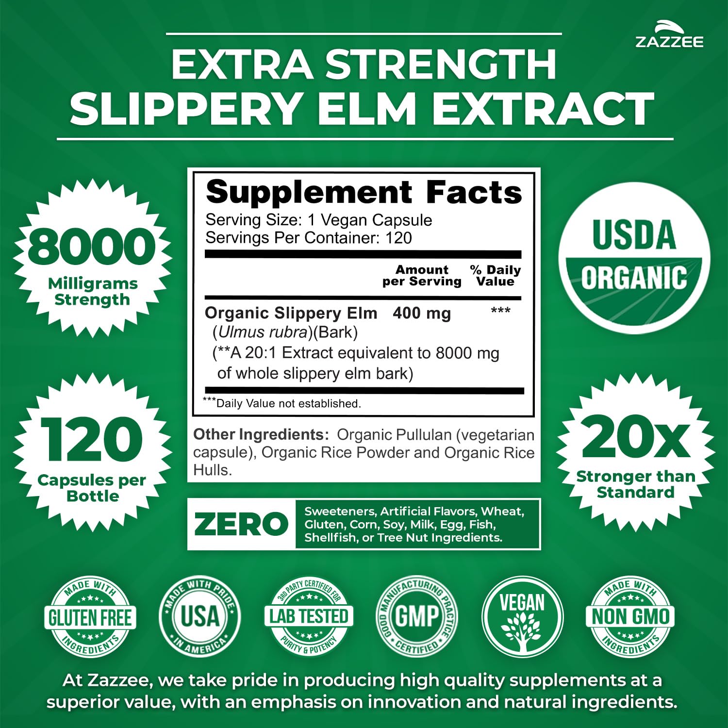 USDA Organic seal on Zazzee bottle signals certified organic sourcing
