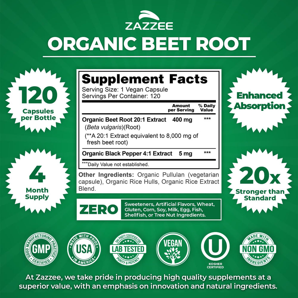 Zazzee USDA Organic Beet Root extract label with certification