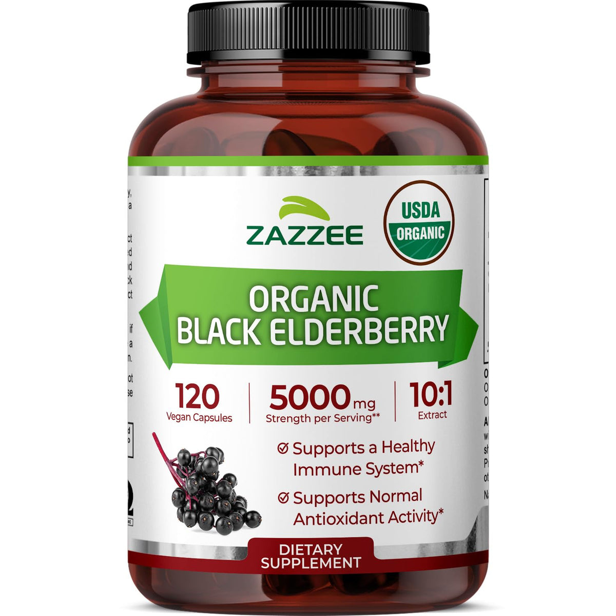 Zazzee black elderberry 10:1 extract bottle-front view highlighting a high-potency daily supplement.