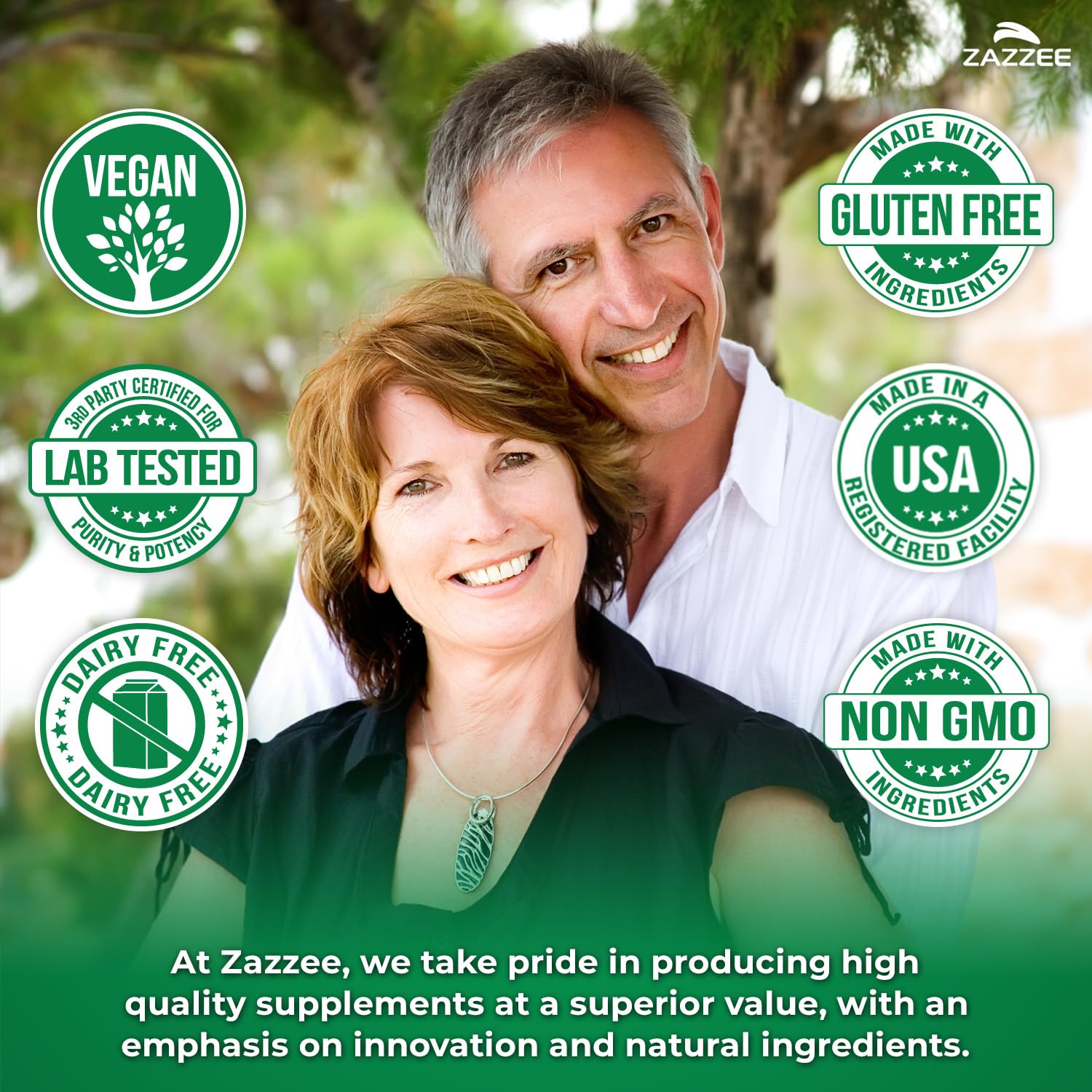 Vegan capsules on Zazzee packaging emphasize non-GMO formulation