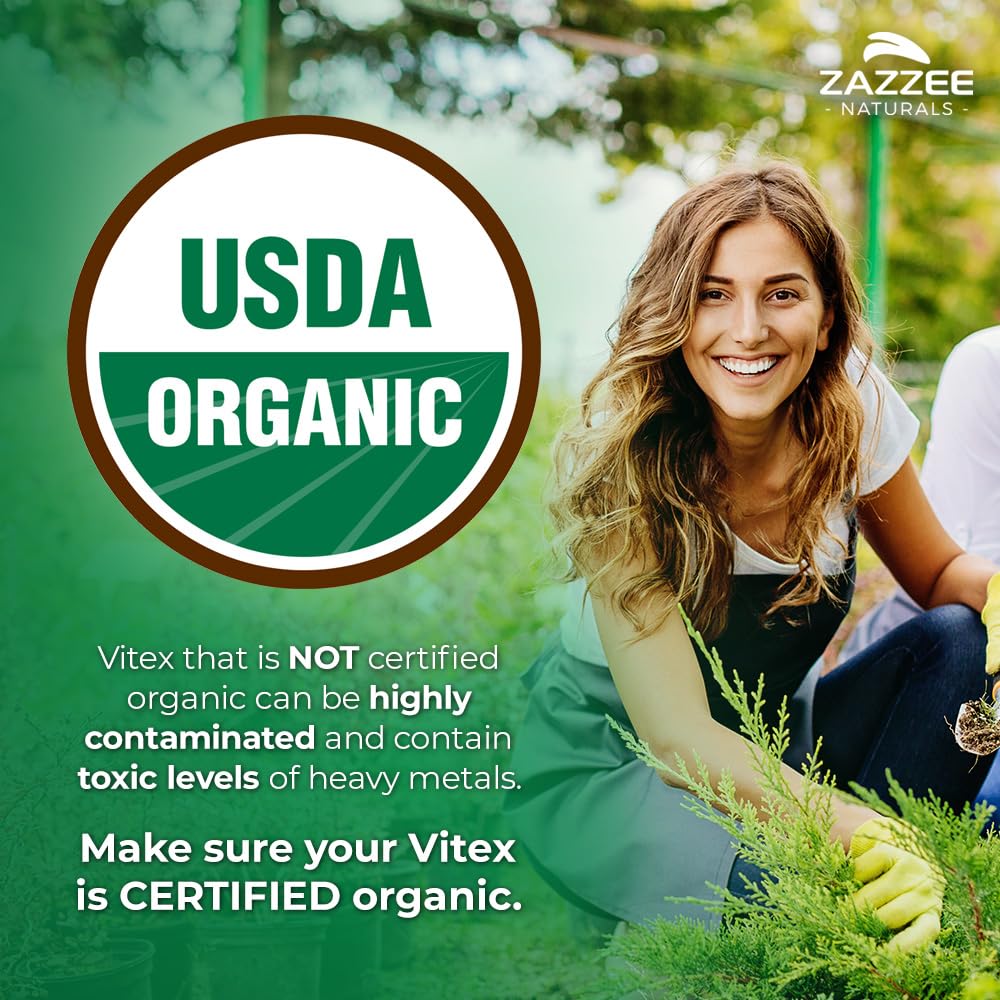 Close-up of Zazzee Vitex capsules showcasing vegan, non-GMO formula