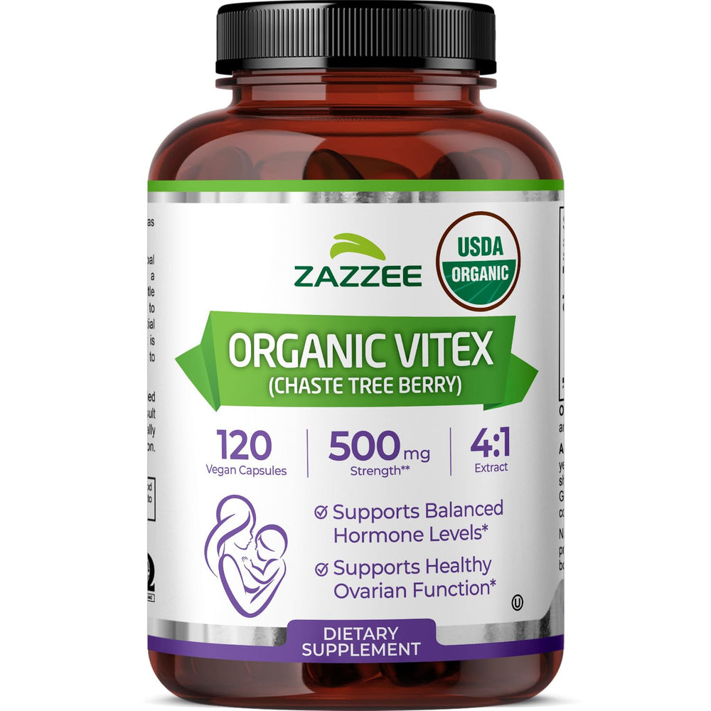 Zazzee Vitex organic 500mg bottle featuring daily herbal supplement