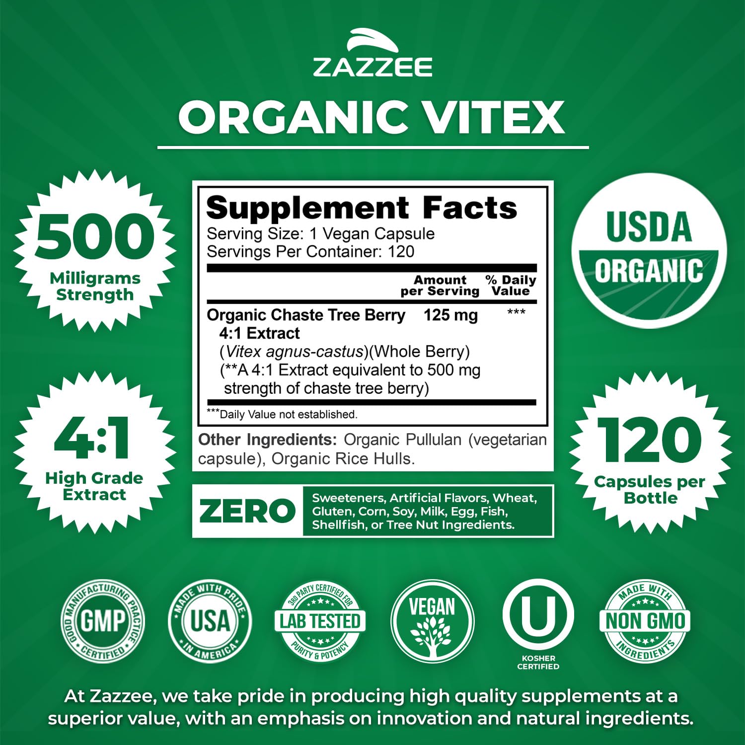 USDA Organic label on Zazzee Vitex bottle highlights certified organic sourcing