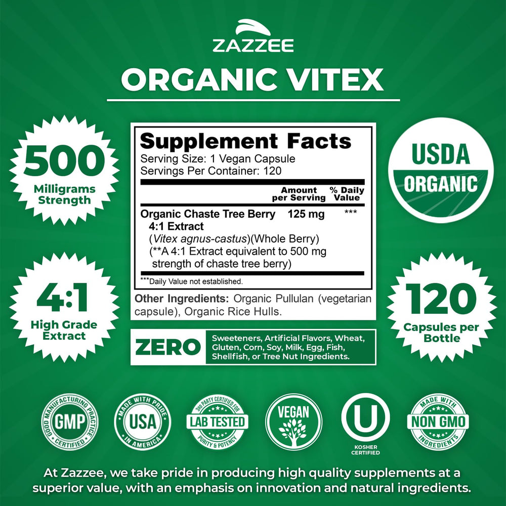 USDA Organic label on Zazzee Vitex bottle highlights certified organic sourcing
