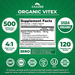 USDA Organic label on Zazzee Vitex bottle highlights certified organic sourcing