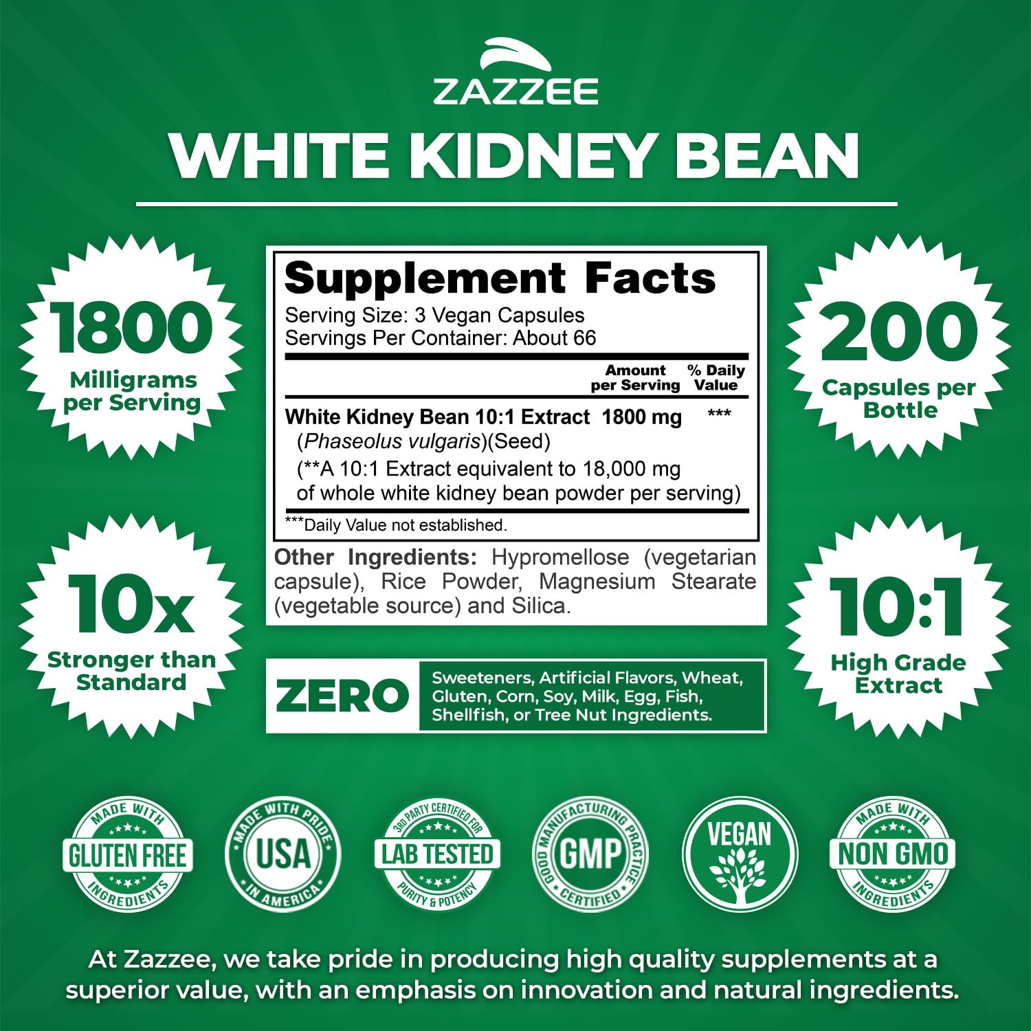 Zazzee White Kidney Bean Extract bottle back with supplement facts and 18,000 mg strength.