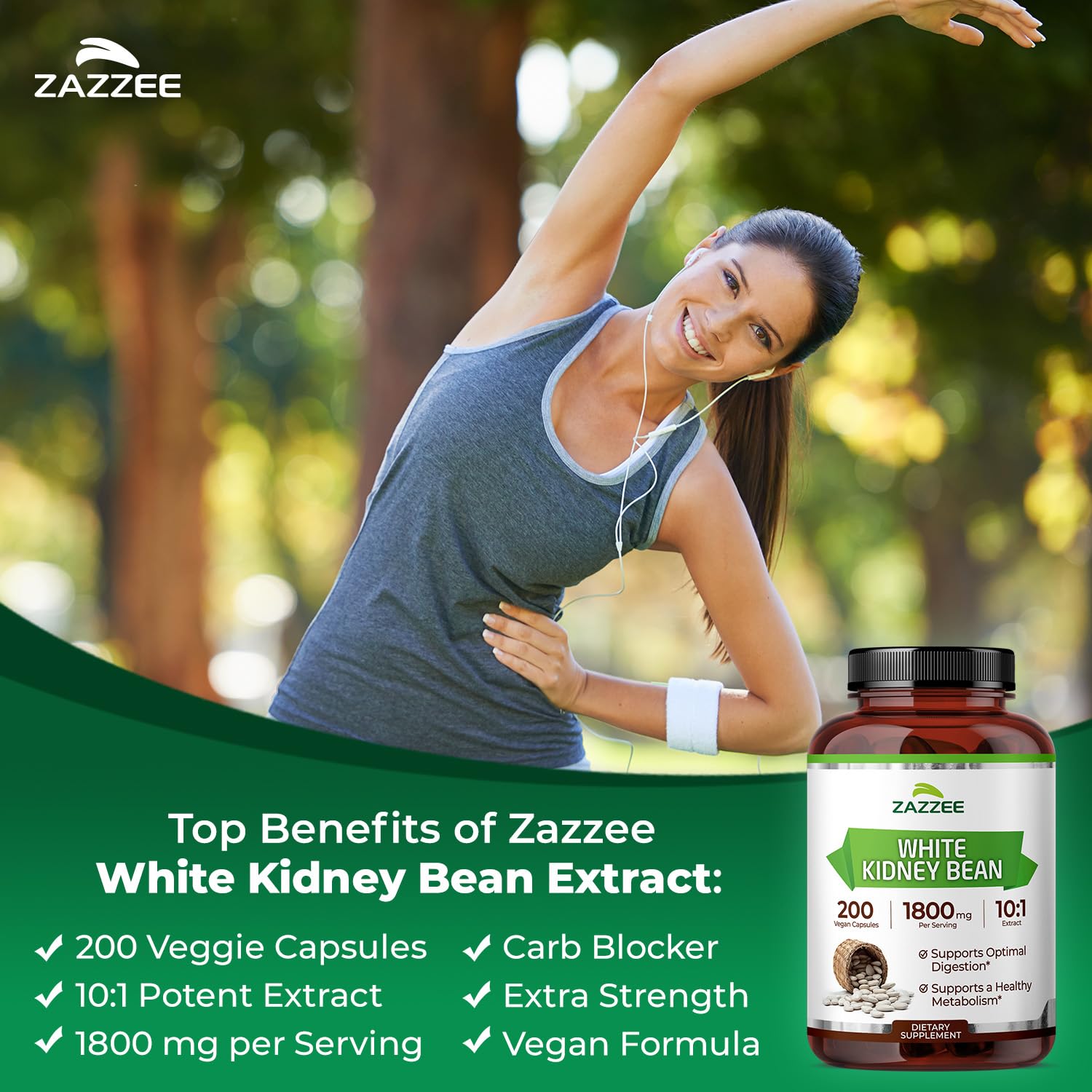 Zazzee White Kidney Bean Extract capsules closeup highlighting vegan, all-natural ingredients.