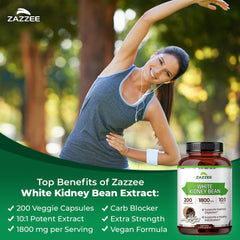 Zazzee White Kidney Bean Extract capsules closeup highlighting vegan, all-natural ingredients.
