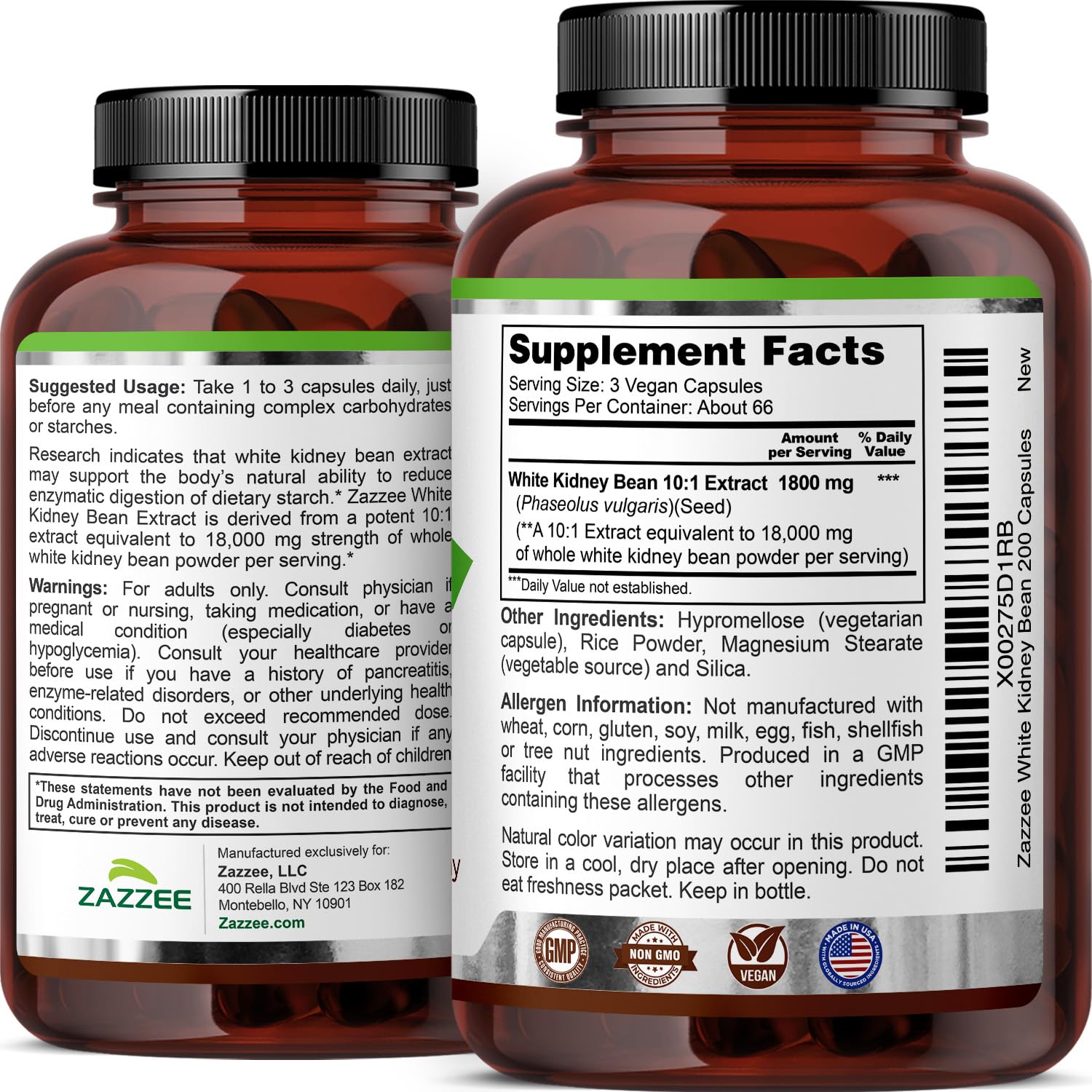 Zazzee White Kidney Bean Extract supplement facts panel highlights 200 capsules per bottle.