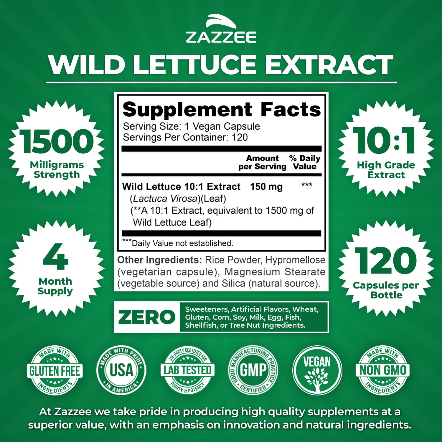 Zazzee Wild Lettuce Extract bottle side view with clear dosage information