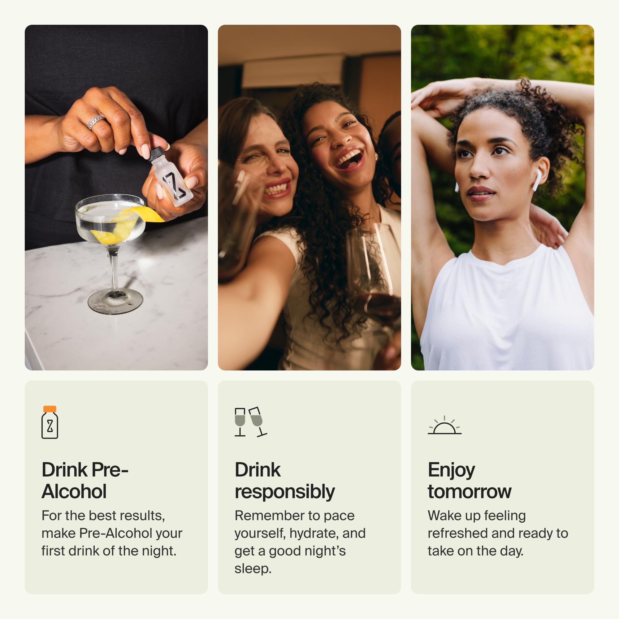 ZBiotics bottle pour demonstrates pre-drinking routine for smoother evenings.