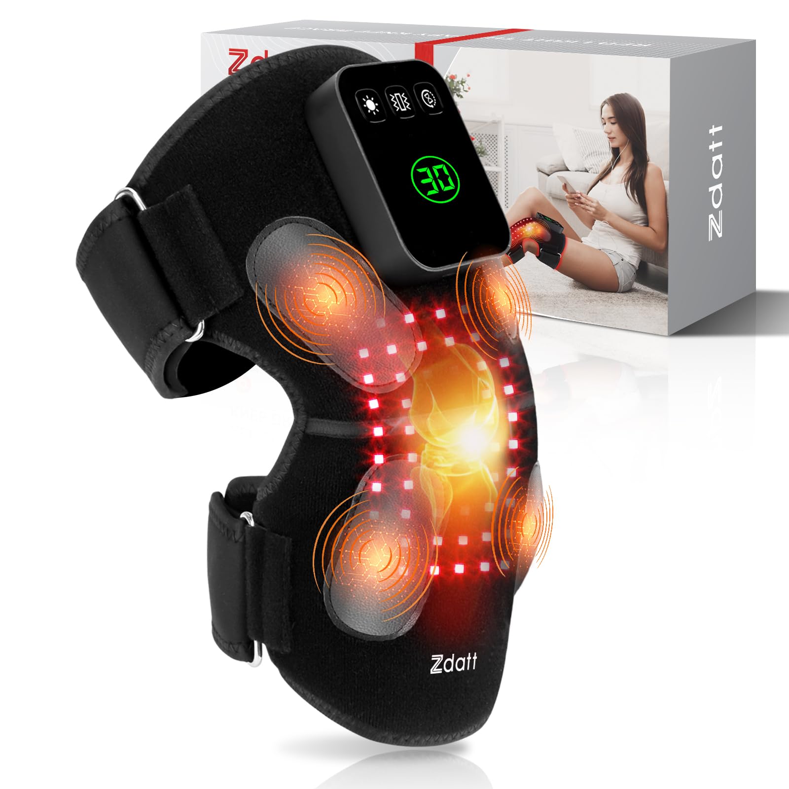 Zdatt red light knee therapy device powering on for at-home relaxation