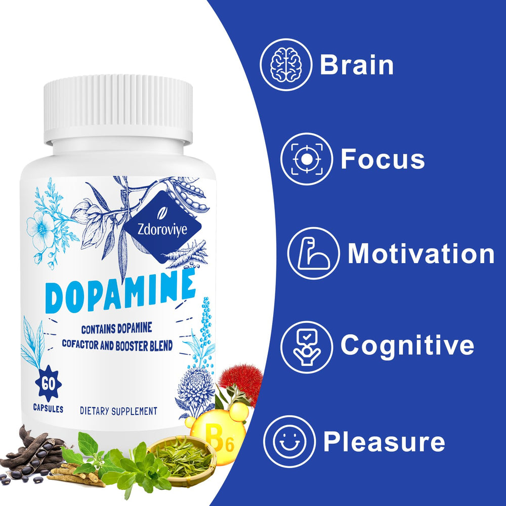 Zdoroviye dopamine bottle with glass suggests convenient daily use.