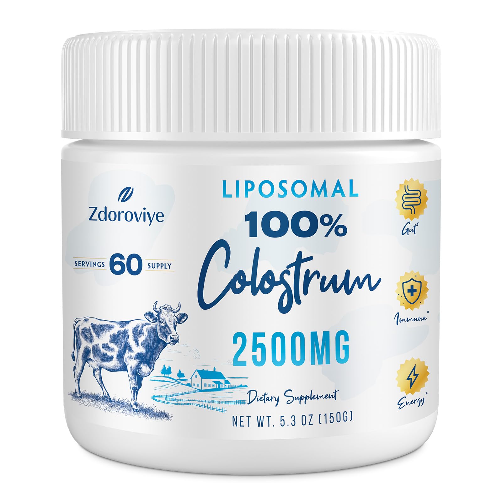 Zdoroviye liposomal bovine colostrum powder bottle showing 60 servings for daily support