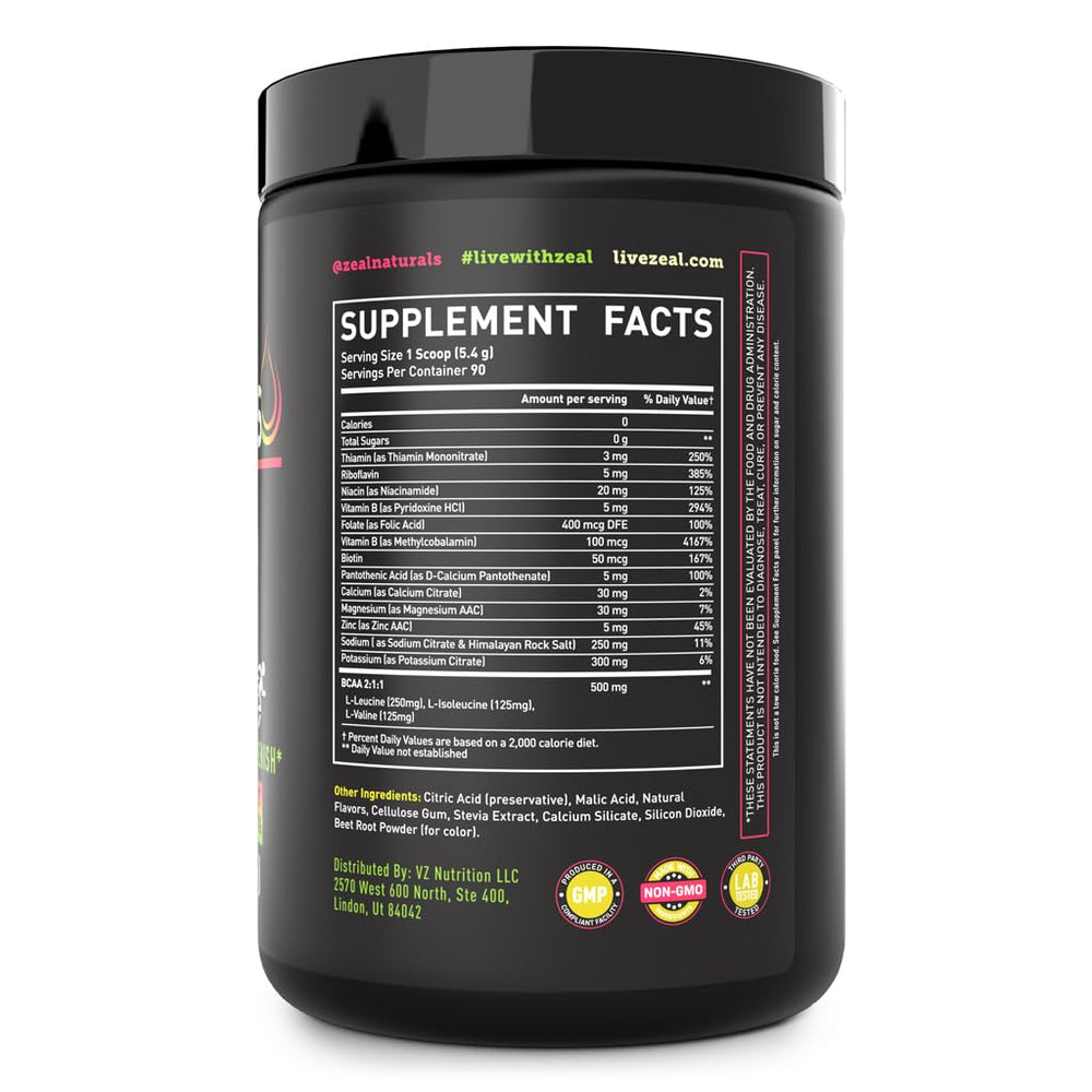 Zeal Electrolyte Powder poured into glass highlights refreshing Passion Fruit Orange Guava flavor