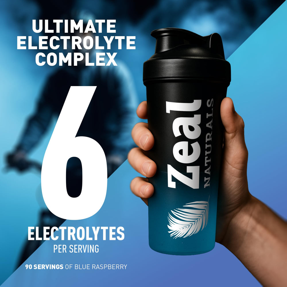 Zeal Electrolyte Powder bottle front displays BCAAs and B-vitamins for recovery support