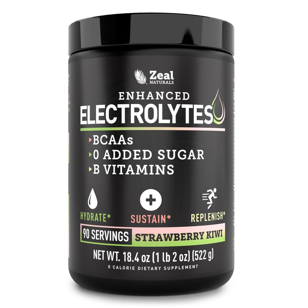 The Zeal Electrolyte Powder front tub highlights keto hydration and zero sugar appeal.