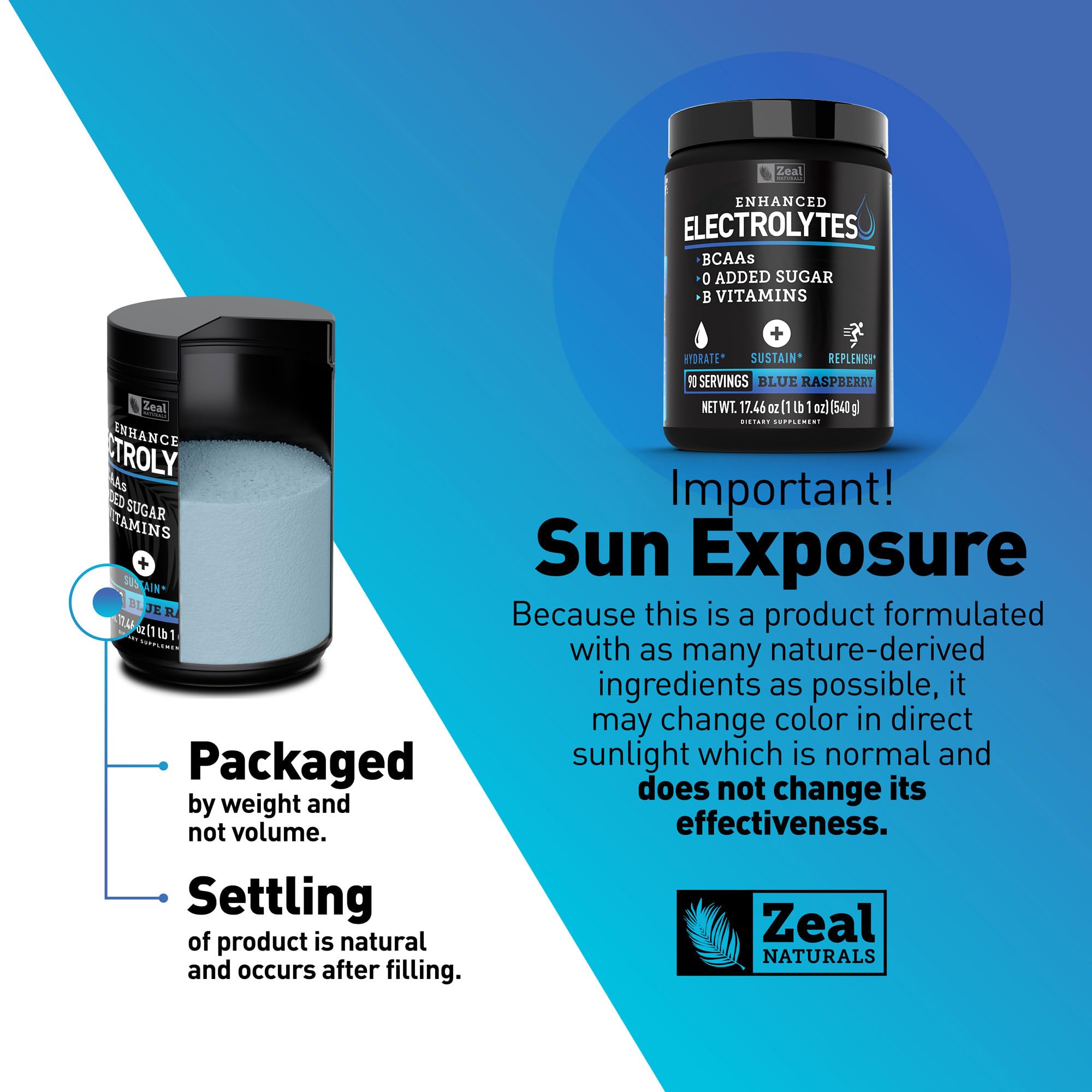 Zeal Electrolyte Powder in shaker emphasizes refreshing blue raspberry flavor for activity