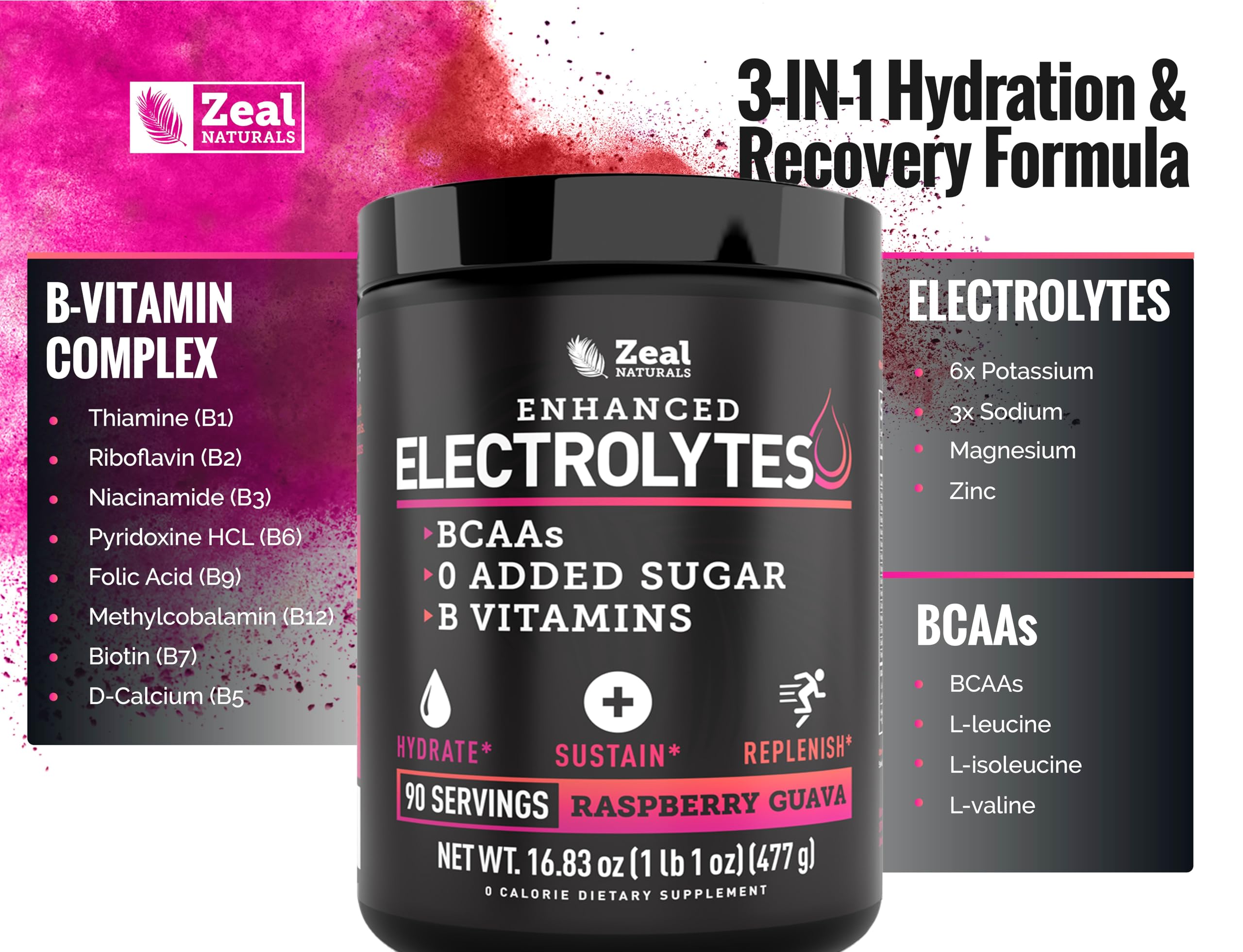 Zeal Electrolyte Powder keto-friendly label highlighting zero sugar and no added calories