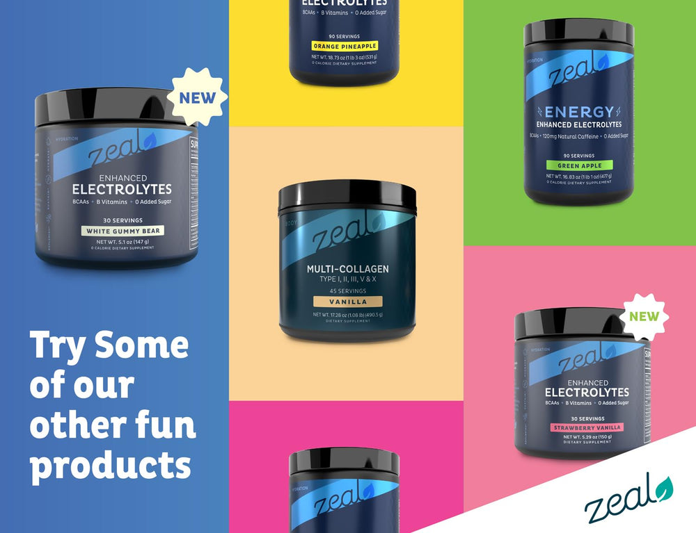 Measurement spoon beside Zeal Electrolyte Powder tub.