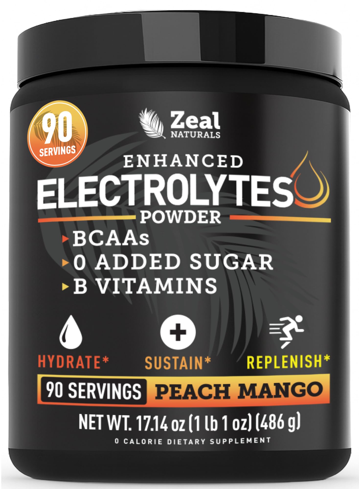 Zeal Electrolyte Powder Peach Mango bottle shows keto hydration and zero sugar benefits.