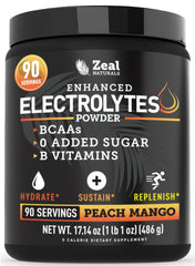 Zeal Electrolyte Powder Peach Mango bottle shows keto hydration and zero sugar benefits.