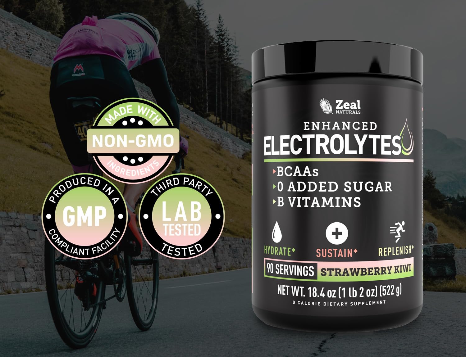 Reclose lid keeps Zeal zero sugar electrolyte powder fresh and ready.