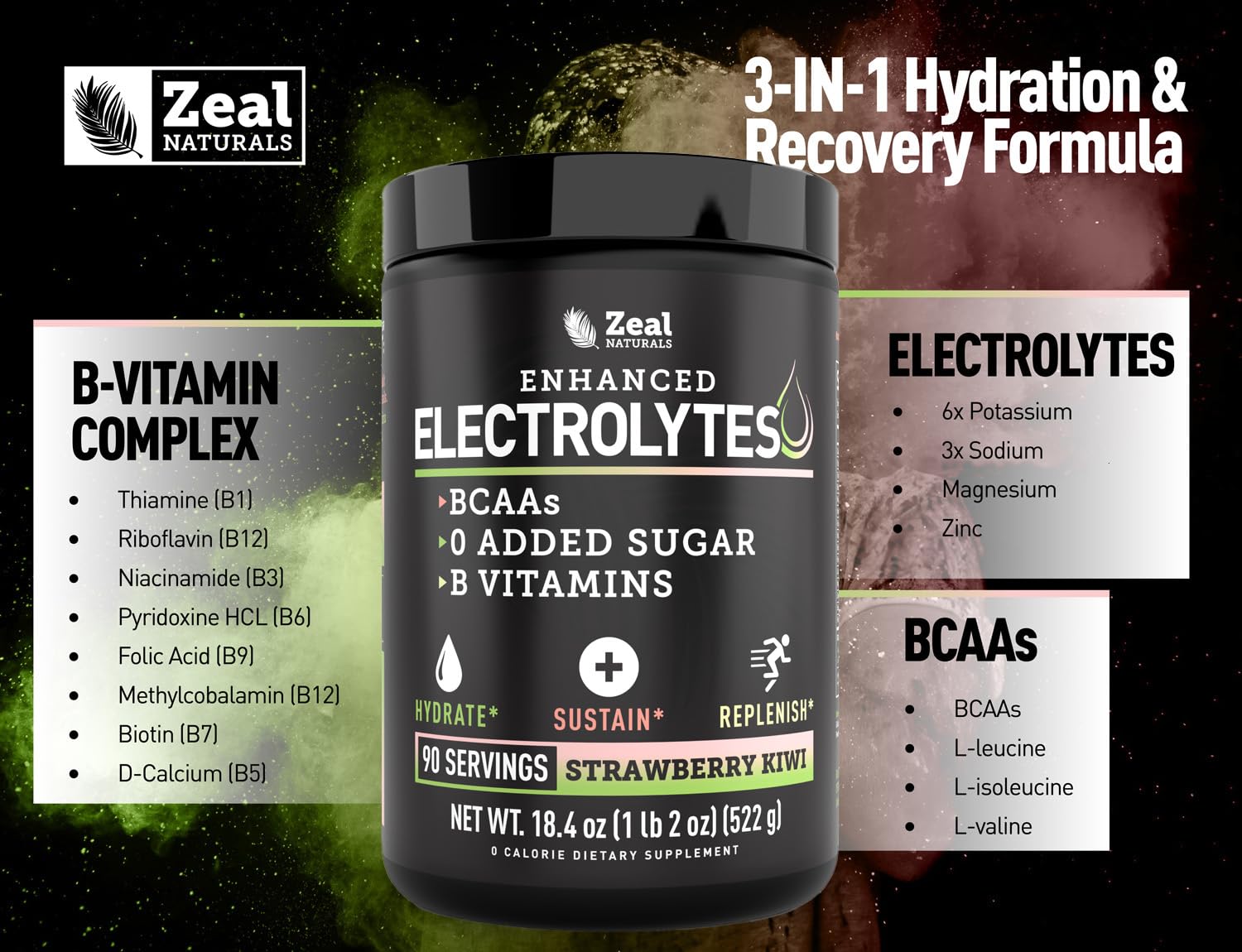 Serving glass shows Zeal hydration as a post-workout refresh.